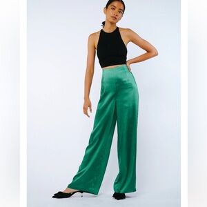 Ciebon Heryn Green Satin High Waist Wide Leg Pants Medium